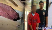 Caption: sebelum ditangkap dan dibawa ke Mapolres Sampang, tersangka kasus curanmor inisial S sempat bersembunyi dibawah kolong ranjang, (dok. regamedianews). 