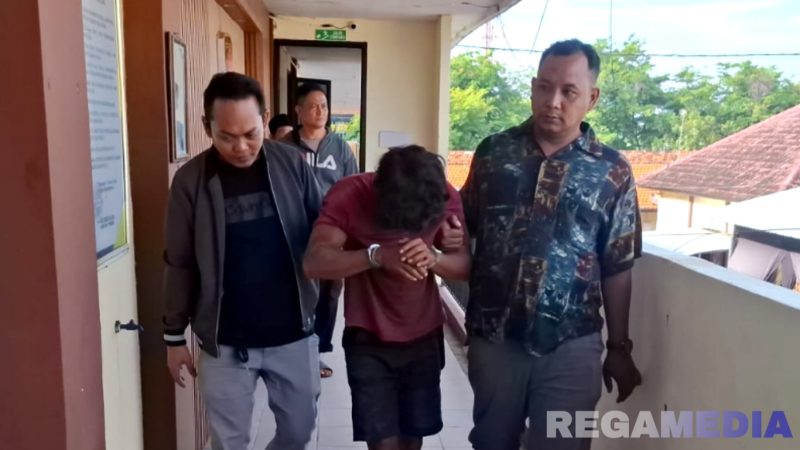 Caption: dalam kondisi tangan terborgol, terduga pelaku curanmor inisial M hendak diserahkan ke penyidik Satreskrim Polres Sampang oleh anggota Satreskrim Polsek Omben, (sumber foto: Humas Polres Sampang). 