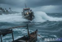 Caption: ilustrasi sebuah kapal dipaksa menerjang ombak besar di tengah cuaca buruk, (dok. Harry, Rega Media). 