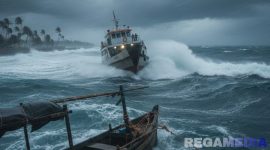 Caption: ilustrasi sebuah kapal dipaksa menerjang ombak besar di tengah cuaca buruk, (dok. Harry, Rega Media). 