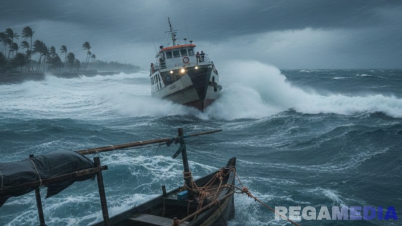 Caption: ilustrasi sebuah kapal dipaksa menerjang ombak besar di tengah cuaca buruk, (dok. Harry, Rega Media). 