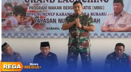 Caption: Dandim Sumenep Letkol Arm Bendi Wibisono, menyampaikan arahannya saat grand launching SPPG di Kecamatan Rubaru, (sumber foto. Sumenep.go.id). 