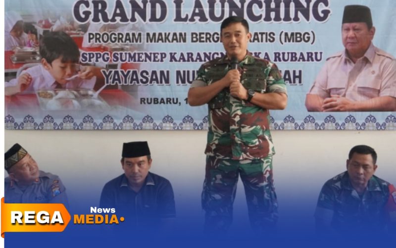 Caption: Dandim Sumenep Letkol Arm Bendi Wibisono, menyampaikan arahannya saat grand launching SPPG di Kecamatan Rubaru, (sumber foto. Sumenep.go.id). 