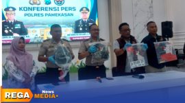 Caption: Polres Pamekasan tunjukkan barang bukti kasus penjambretan yang menyebabkan satu korban meninggal dunia, (dok. Kurdi Rega Media). 