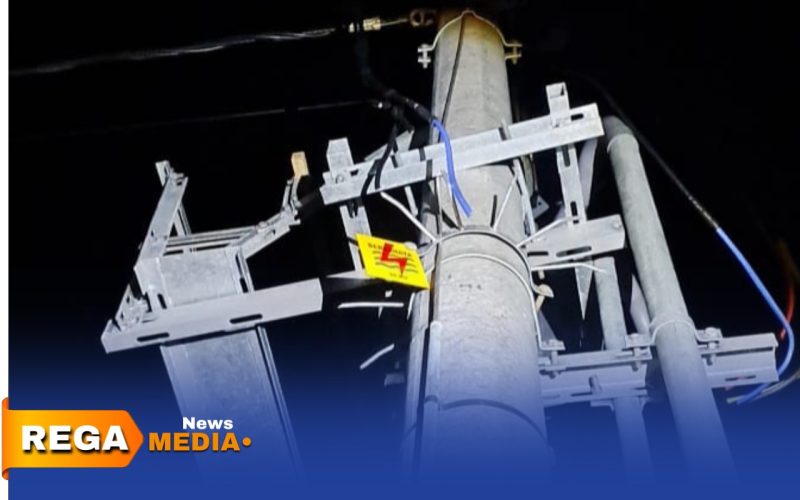 Caption: tiang trafo lampu penerangan jalan umum di JLS yang menjadi sasaran pelaku pencurian, (sumber foto: PLN ULP Sampang). 