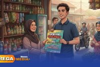 Caption: ilustrasi seorang pemuda datang ke warung membawa brosur giveaway dengan berbagai macam hadiah menarik, (dok. Redaksi Rega Media). 