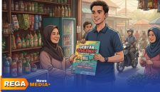Caption: ilustrasi seorang pemuda datang ke warung membawa brosur giveaway dengan berbagai macam hadiah menarik, (dok. Redaksi Rega Media). 
