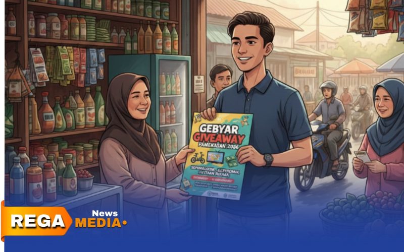 Caption: ilustrasi seorang pemuda datang ke warung membawa brosur giveaway dengan berbagai macam hadiah menarik, (dok. Redaksi Rega Media). 