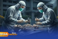 Caption: ilustrasi pemeriksaan medis resmi dari tim inafis dan tim dokter forensik terhadap kerangka manusia, (dok. Harry Rega Media). 