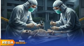 Caption: ilustrasi pemeriksaan medis resmi dari tim inafis dan tim dokter forensik terhadap kerangka manusia, (dok. Harry Rega Media). 