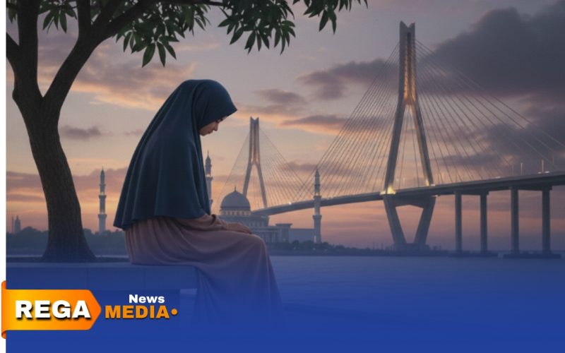 Caption: ilustrasi, seorang santriwati duduk termenung di bawah pohon mangga di sekitar masjid didekat jembatan tol Suramadu, (dok. Syafin Rega Media). 
